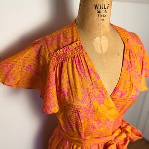 Stunning Tanya Taylor orange & pink shirt dress with ruffle sleeves size 6